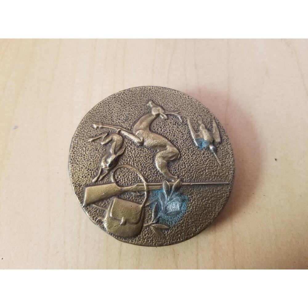 Vintage 1970s Sport Hunting Brass Circular Raised Relief Design Belt Buckle